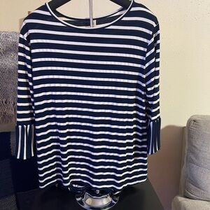 Navy and White Striped Women's Top with flared sleeves at mid forearm.